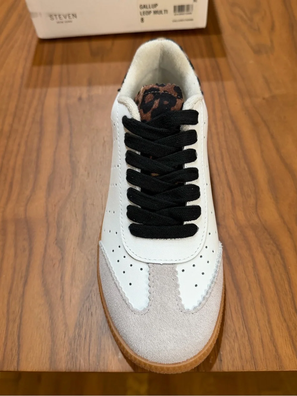 Steve Madden White Leather Sneaker with Gum Sole and Leopard Collar